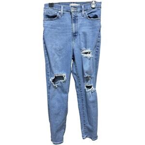 Levis Size 29 Blue High Waisted Mom Jeans Distressed Ripped Denim Cotton Blend